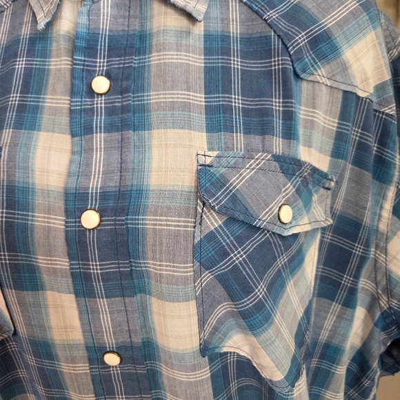 Wrangler Blue Plaid Men's Short Sleeve Shirt With Pearl Snap Buttons Siz… - Picture 3 of 4